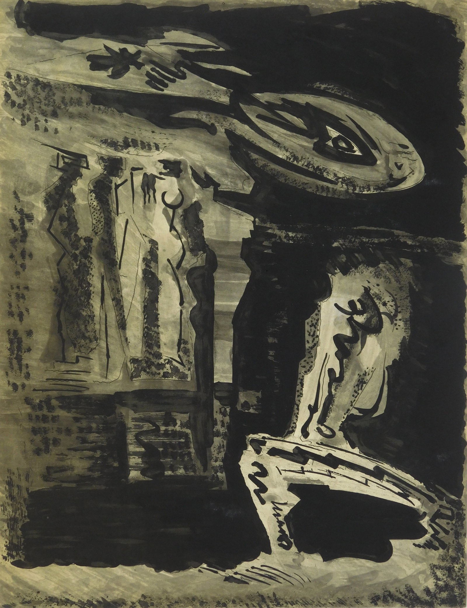 Andre Masson (French, 1896-1987) etching: Gardiennes du Silence etching in colors, 1973, signed and numbered 2/30 in pencil. 20 1/2 x 15 1/2'' Provenance: Private collection- Beachwood, OH *** PLEASE READ: IMPORTANT NOTE Ab