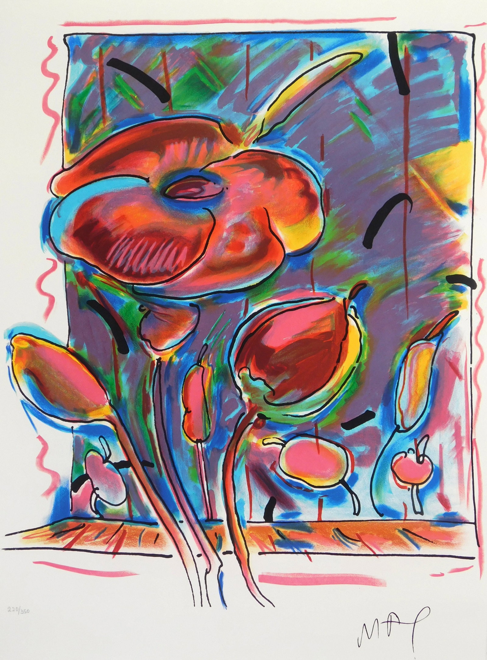 Peter Max (German/ American, 1937- ) lithograph: Garden Flowers lithograph in colors, 1978-79, signed with printed signature, numbered 220/350 in pencil. 29 7/8 x 22" (sheet) Provenance: Private collection- Columbus, OH *** PLEASE READ: I