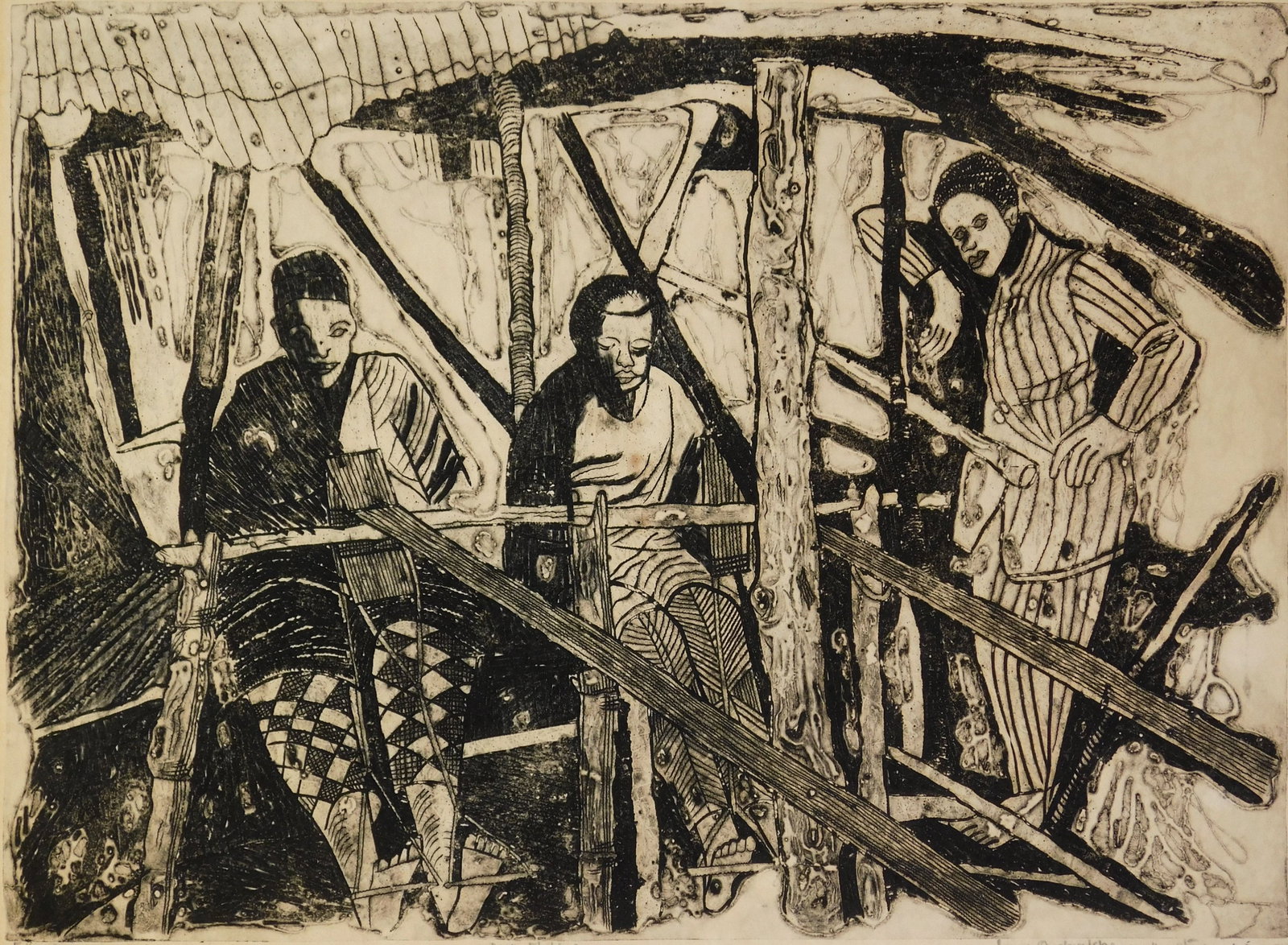 Bruce Onobrakpeya (Nigerian, b. 1932) etching: Oyo Weavers etching, 1975, signed, dated, titled, numbered 1/6 and annotated Haystacks in pencil. 19 1/2 x 26 1/2" Provenance: Private collection- Cleveland Heights, OH *** PLEASE