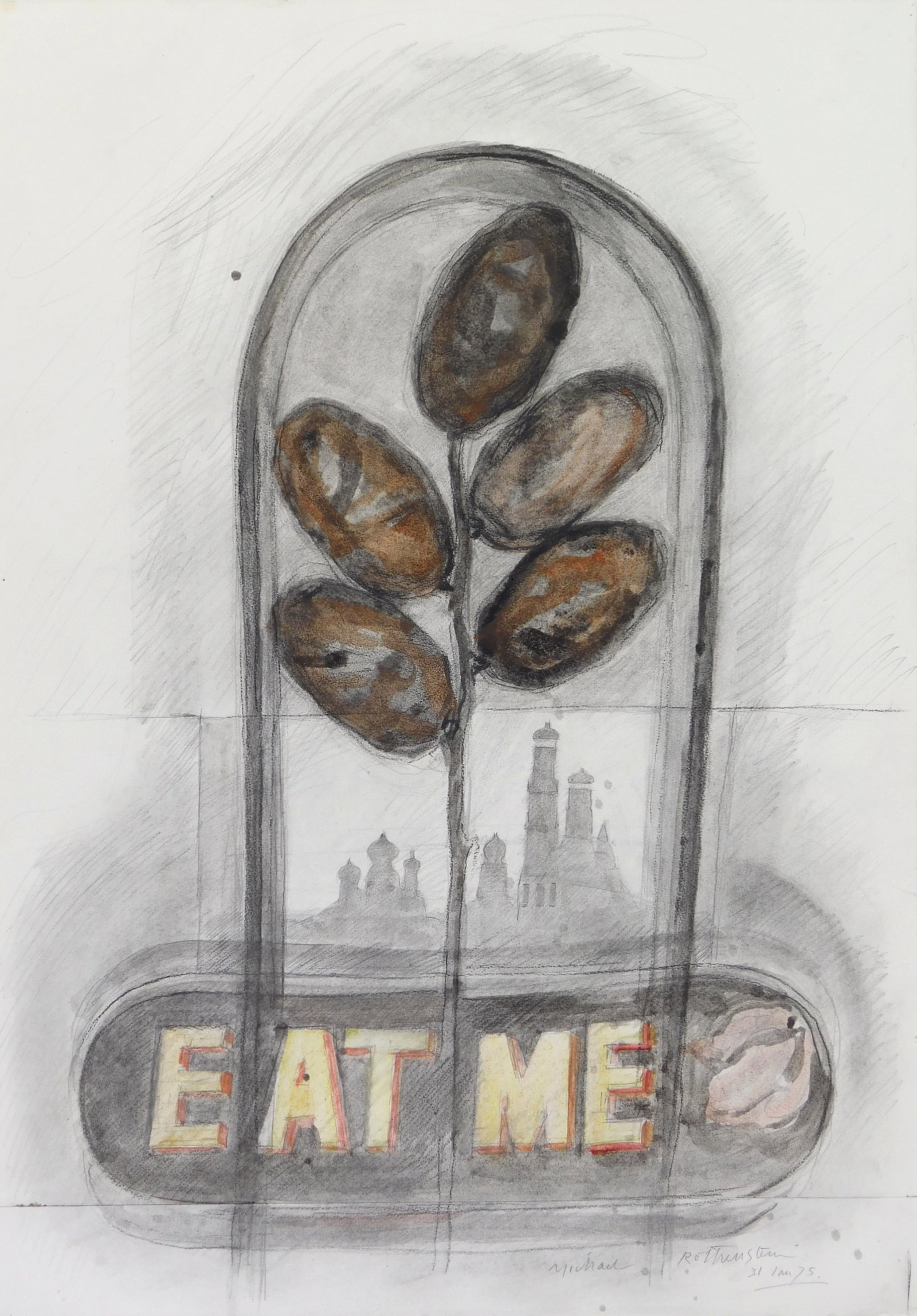 Michael Rothenstein RA (British, 1908-1993) mixed media drawing: Eat Me graphite and watercolor on paper, 1975, signed and dated 31 Jan. 75 in pencil. 29 1/2 x 21 1/2" Provenance: Private collection- Cleveland Heights, OH *** PLEASE READ: IMPORTANT NOTE 