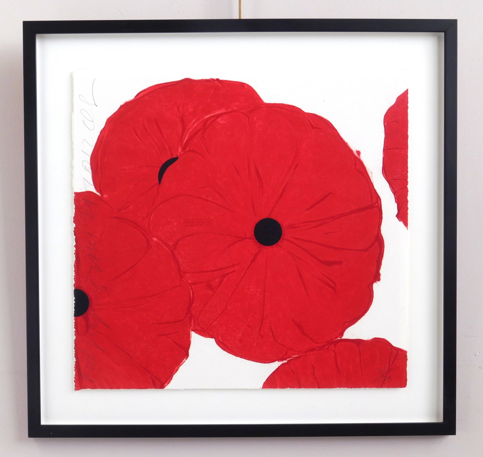 Donald Sultan (American, 1951- ): Red Poppies, Mar 21, 2012 silkscreen in colors with flocking. 2012, initialed, titled and numbered 41/80 in pencil, framed. 19 x 20" Provenance: Private collection- Palm Be