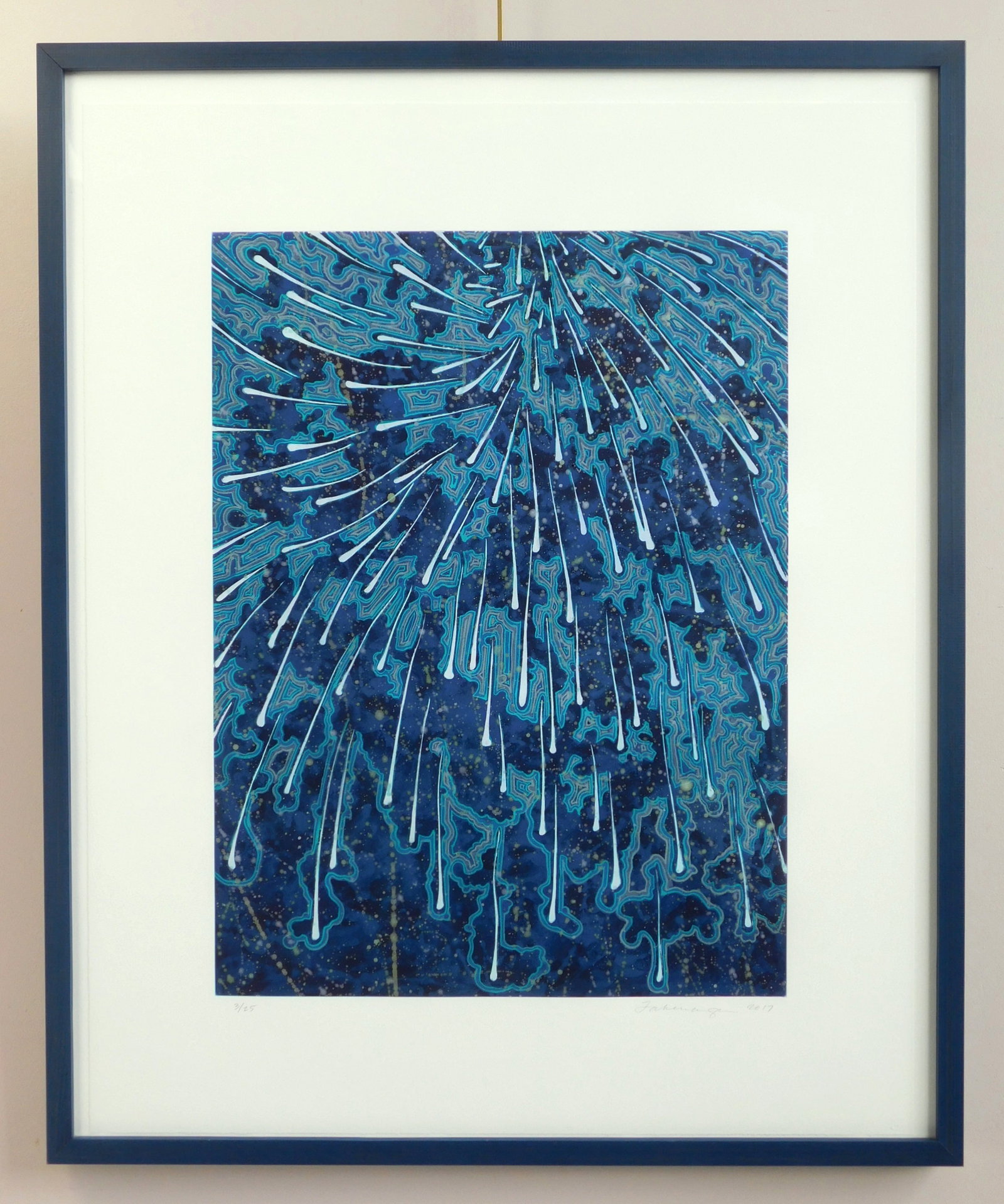Barbara Takenaga (American, 1949- ) aquatint: Falling (blue concentrate) aquatint with hand-coloring, 2017, signed, dated and numbered 3/25 in pencil, framed. 23 3/4 x 17 3/4" Provenance: Private collection- Palm Beach Gardens, FL *** 
