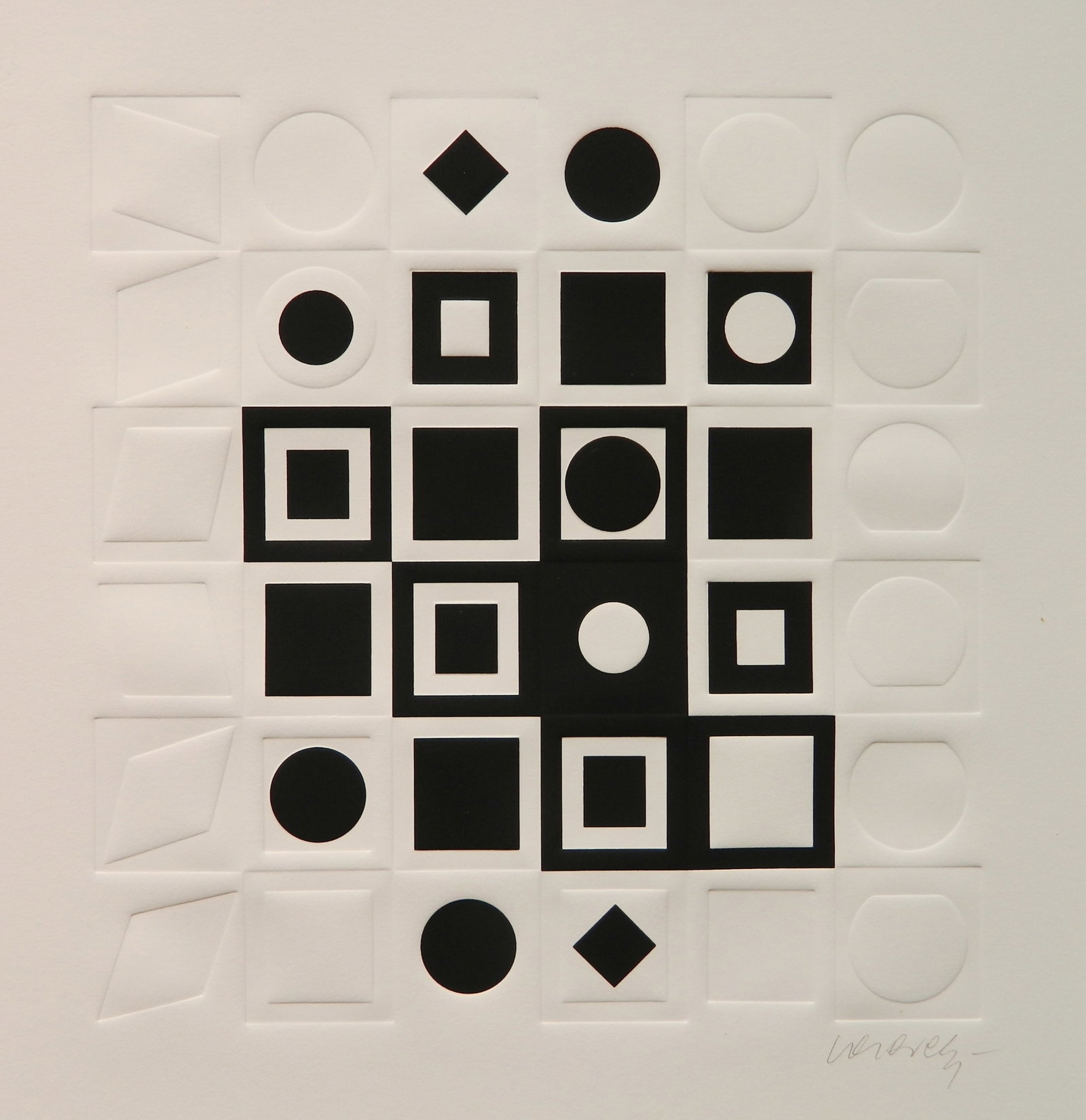 Victor Vasarely (Hungarian/French 1906-1997) silkscreen: G-FF serigraph with embossing, 1968, signed in pencil, edition of 250 plus 10, The Print Club of Cleveland publication no. 45 for 1967. 10 1/4 x 9 13/16'' Provenance: Private collection-