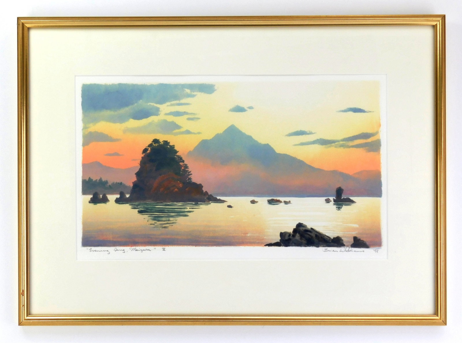 Brian Williams (American, 1950- ) lithograph: Evening Song, Maizuru II lithograph in colors, 1995, signed, dated and titled in pencil, matted and framed. 10 1/4 x 18" Provenance: Private collection- Palm Beach Gardens, FL *** PLEASE RE