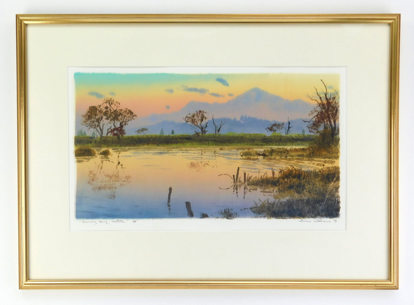 Brian Williams (American, 1950- ) lithograph: Evening Song, Katala IV lithograph in color, 1995, signed, dated and titled in pencil, matted and framed. 10 x 18" Provenance: Private collection- Palm Beach Gardens, FL *** PLEASE READ: IMPORTAN