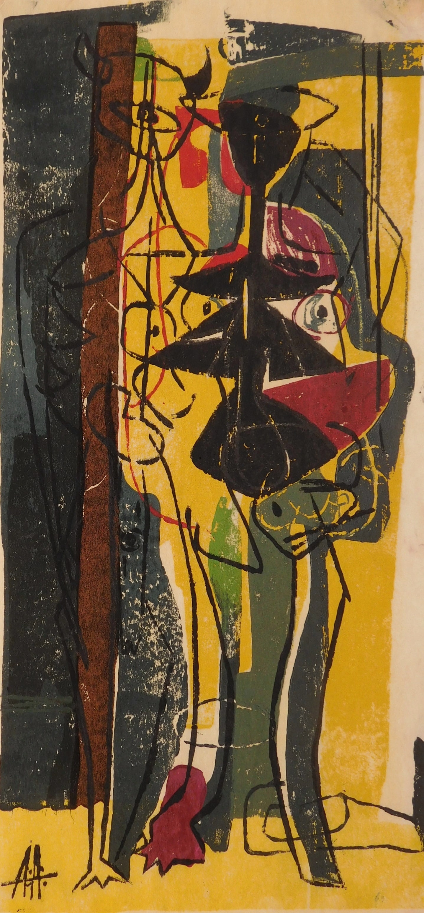 Adja Yunkers (American, 1900-1983) woodcut: Succubae woodcut in colors, 1950, signed, dated and titled in pencil, from the Prints in the Desert portfolio Vol. 1, No. 1. This work is from an edition of 200 published by the artist
