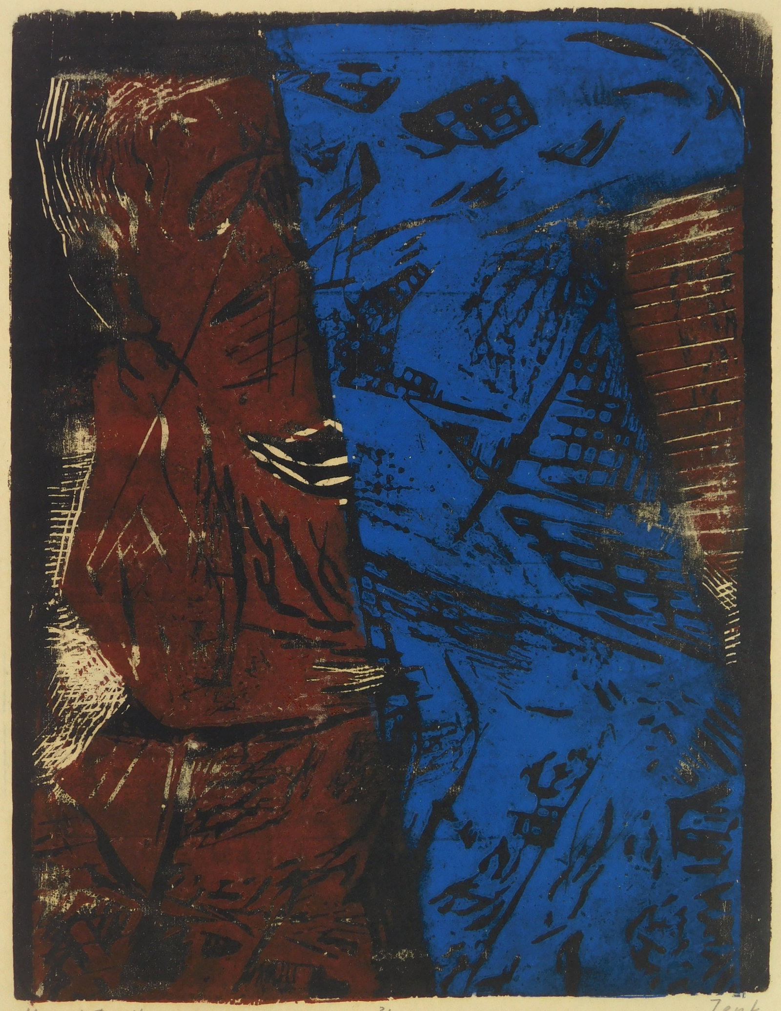 Josef Zenk (American, 1904-2000) woodcut in color: The Kiss woodcut in colors, signed, titled and numbered 3/13 in pencil. 13 x 10 1/8" Provenance: Private collection- New Orleans, LA *** PLEASE READ: IMPORTANT NOTE About S&H *** S