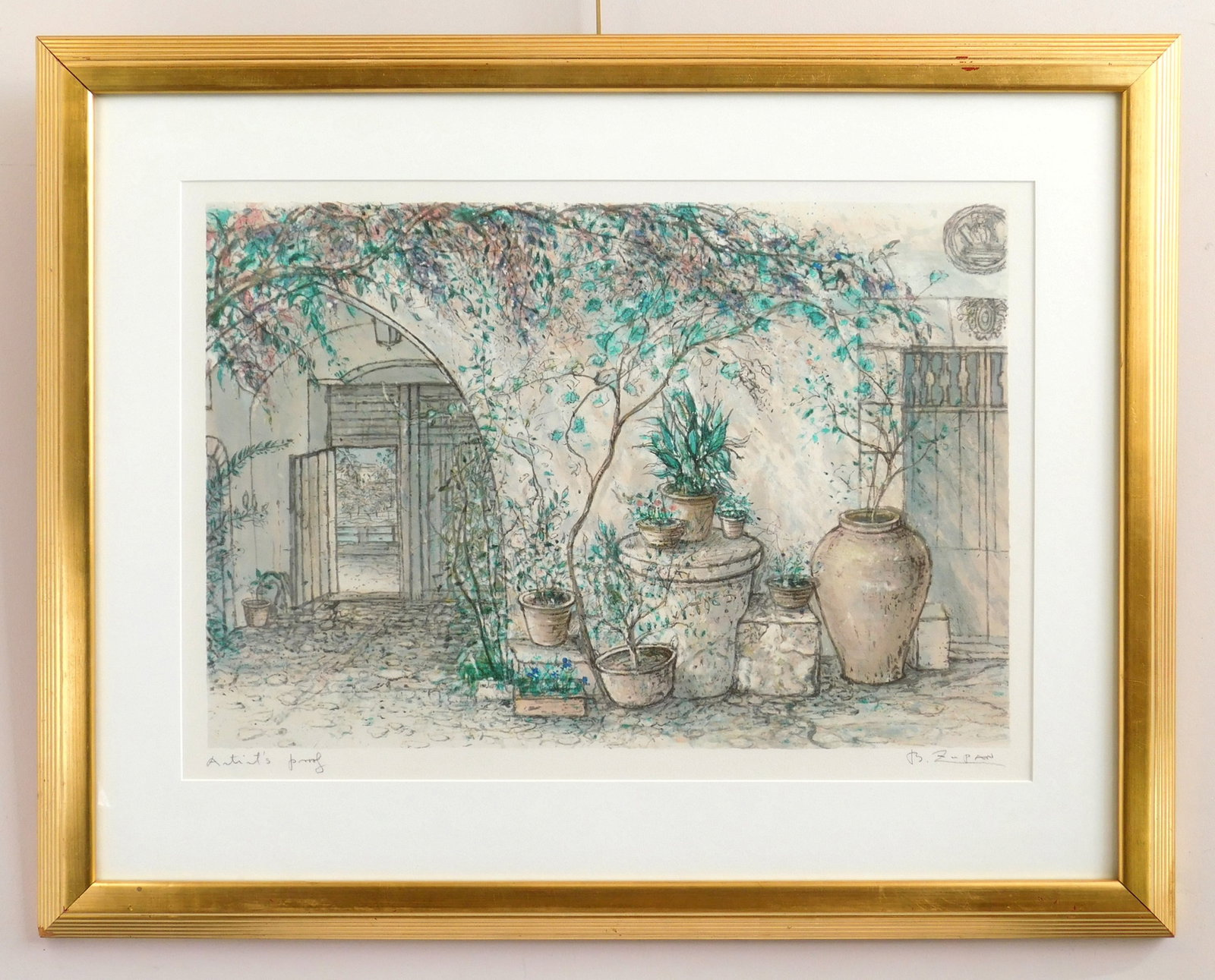 Bruno Zupan (Slovenian/ American, 1939- ) lithograph: The Spanish Patio lithograph in colors, signed and annotated artist's proof in pencil. 17 1/2 x 25 1/2" Provenance: Private collection- Columbus, OH Gerhard Wurzer Gallery- Ho