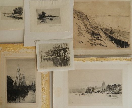 6 Prints: 6 Etchings- Axel Haig- Stockholm; Charles Gravesande- Coast of Holland; Edith Penmann- Landscapes (2); Sears Gallagher- Dock Scene; and Unknown- Harbor Scene. Various sizes and conditions.