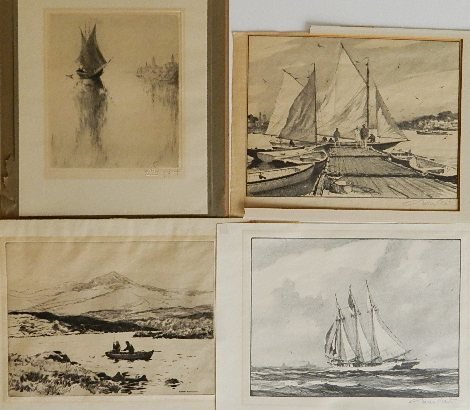 4 American prints: 4 American prints- Gordon Grant 2 lithographs; Sherwood- Ship on Window; and Norman Wilkinson- Fly Fishing- 2 etchings, various conditions and sizes.