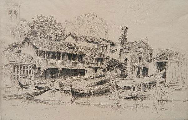 John Taylor Arms etching: John Taylor Arms- ''San Trovaso'' (Fletcher 177)- etching, 1926, signed and dated in pencil, light struck, old glue staining on left and top edges. 9 3/8 x 14 3/4'', 12 1/2 x 18 3/16'' (sheet)