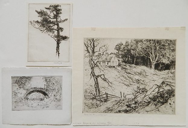 3 American etchings: 3 American etchings- Ker Eby- ''Pine Top''; J. A. Weir- Bridge; and Charles Woodbury- ''Edge of The Woods''. Eby and Woodbury signed in pencil, various sizes.
