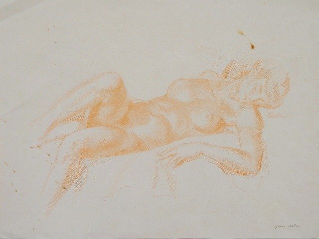 Grace Albee color pencil drawing: Grace Albee- Female Nude- color pencil on paper, signed grace albee in pencil lower right, few staining, couple of creases upper left corner of sheet, other handling creases, a small tear lower left a