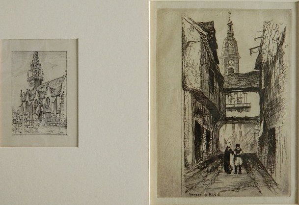 John Taylor Arms etching: John Taylor Arms- ''Street in Blois'' (Fletcher 204)- etching, 1927, Demonstration Series no. 18, for The Print Club of Cleveland; together with off-set lithograph of Church and Graveyard. 6 7/8 x 4 1