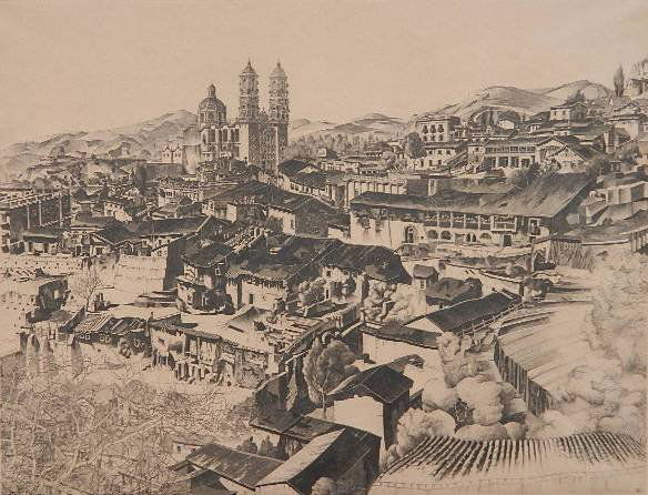 John Taylor Arms etching: John Taylor Arms- ''Light and Shade, Taxco''- etching, 1946, signed, dated and inscribed 'II' in pencil, light struck and mat burn. 10 7/16 x 13 11/16''