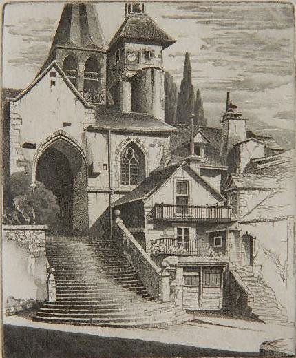 John Taylor Arms etching: John Taylor Arms- ''Estaing'' (Fletcher 409)- etching, 1947, signed and dated in pencil, Miniature Church Series no. 39 and French Church Series no. 48. 2 7/8 x 2 1/2''