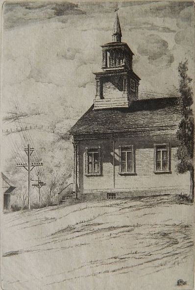 John Taylor Arms etching: John Taylor Arms- ''Vermont Gothic'' (Fletcher 409B)- etching, 1949, signed and dated in pencil, Demonstration series no. 147. 6 x 4''