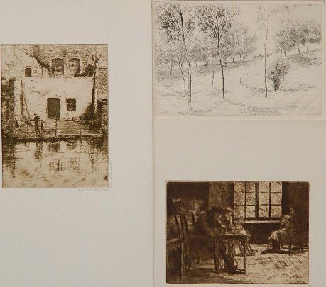 Jacques Beurdeley 3 etchings: Jacques Beurdeley- Un Coin a Bruges; A L'Hospice des Vieillardes; and Le Chemin Moutant- 3 etchings, various sizes.