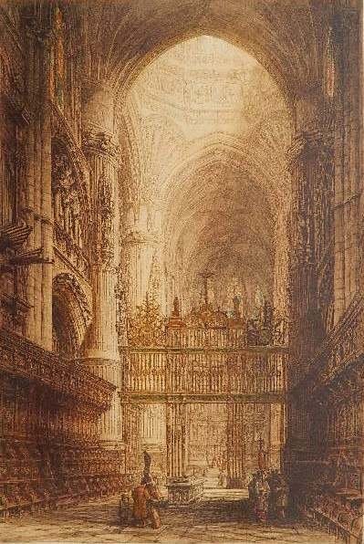 J. Alphege Brewer etching and aquatint: J. Alphege Brewer- ''The Tras-Coro Burgos Cathedral''- etching and aquatint, signed and titled in pencil. 26 1/2 x 18''
