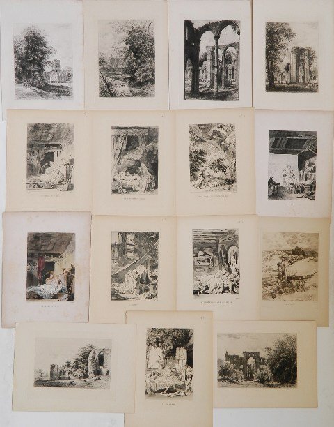Brunet-Debaines; after Fragonard, etc.- 15etchings: A. Brunet-Debaines- Scenes of English Countryside and Ruines- 6 etchings; together with after Fragonard- Various scenes with nudes- 8 etchings (1 hand-colored); and after Cazin- ''Agar et Ismael''- et