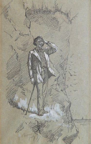 Miltont James Burns graphite drawing: Milton James Burns- Untitled (Boy on Cliff)- graphite on paper, 1877, signed Burns July 77 in pencil, appears to be light struck. 12 x 7 3/4''