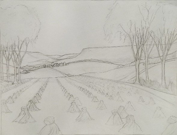 Andrew Butler graphite: Andrew Butler- Hayfields- graphite drawing, preliminary study for an etching. 21 x 16''