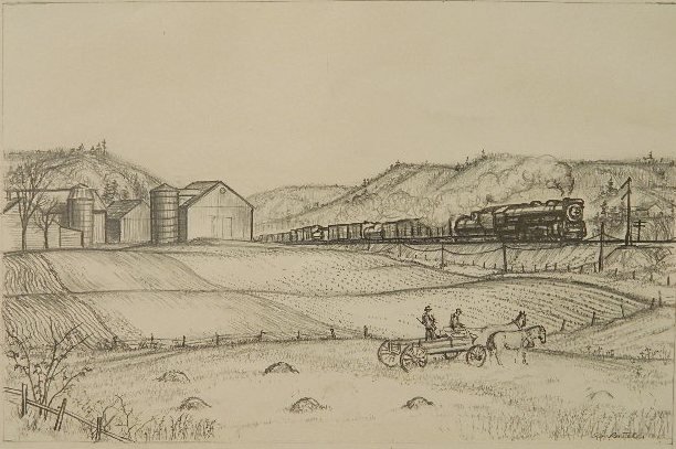 Andrew Butler graphite: Andrew Butler- Farm and Train- graphite on paper, signed A. R. Butler in pencil. 7 x 10 3/4''