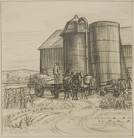 Andrew Butler graphite: Andrew Butler- Horse and Cart By Silo- graphite on paper, signed A. R. Butler lower left. 7 x 6 3/4''