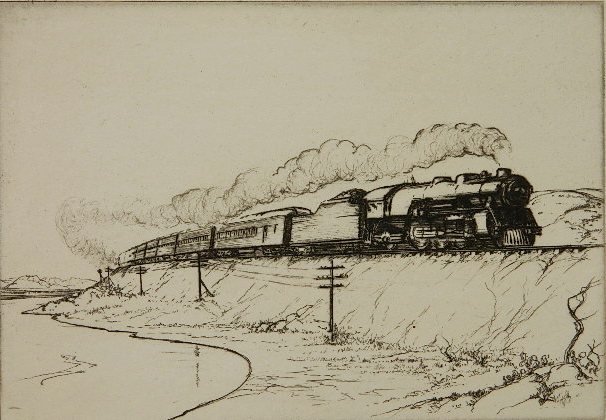 Andrew Butler 3 etchings: Andrew Butler- Ranch Scene; Water Stop; Overland Train- 3 etchings, 'Train' signed and dated 28 in pencil, very good condition, various sizes.