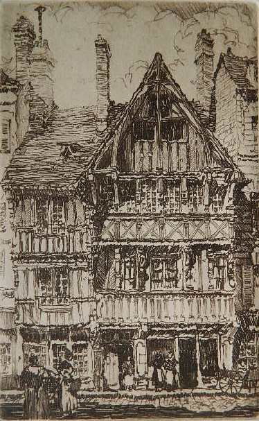 Samuel Chamberlain soft ground etching: Samuel Chamberlain- ''Old Houses, Lisieux'' (Chamberlain 17)- soft ground etching, 1925, signed and numbered 13/100 in pencil. 7 3/8 x 4 5/8''