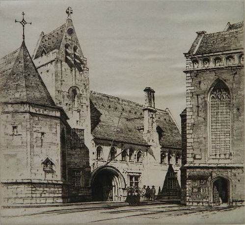 Samuel Chamberlain drypoint: Samuel Chamberlain- ''Hopital St. Jean, Bruges'' (Chamberlain 76)- drypoint, 1929, signed and annotated 'Third State' in pencil, rippling to paper. 8 1/4 x 9 1/8''