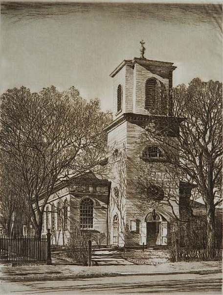 Samuel Chamberlain drypoint: Samuel Chamberlain- ''Christ Church, Cambridge'' (Chamberlain 129)- drypoint, 1938, signed and numbered 52/100 in pencil. 12 x 9 1/4''
