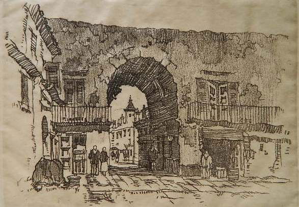 Samuel Chamberlain lithograph: Samuel Chamberlain- Town Square- lithograph, signed in pencil. 4 3/4 x 7''