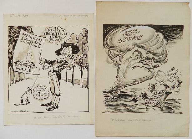Willard Coomb political cartoons: Willard Coomb political cartoons- ''Memorial Fountain Campaign''; ''Trouble in The Mines Agam Lewis''- 2 pen and ink on paper, various sizes.