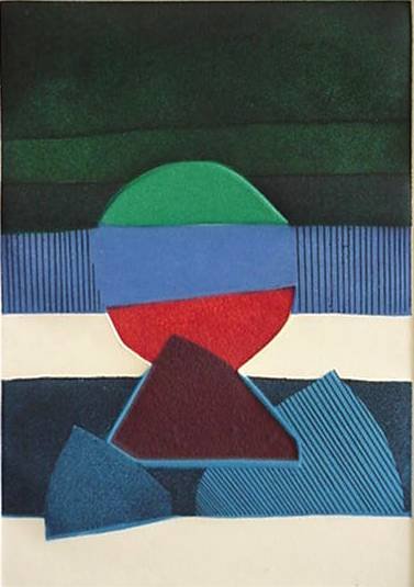 Bertrand Dorny print: Bertrand Dorny- ''BAT''- aquatint, etching, engraving and sandpaper in colors, 1977, signed in pencil, edition of 250, The Print Club of Cleveland publication no. 55, slightly light struck. 11 3/8 x 8