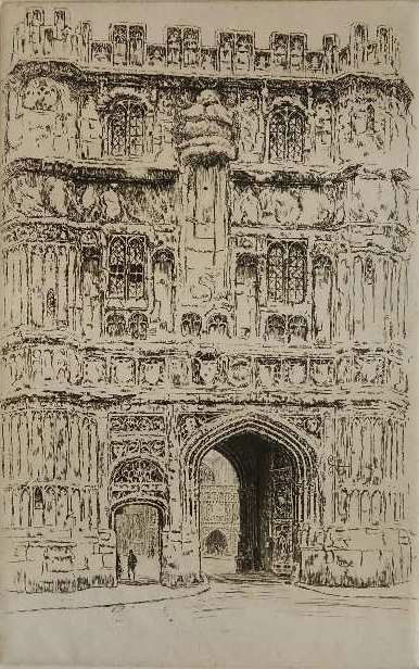 Kerr Eby etching: Kerr Eby- ''Christ Gate, Canterbury''- etching, signed and annotated 'trial proof' in pencil, some minor soiling and staining in margins. 10 3/8 x 6 7/8''