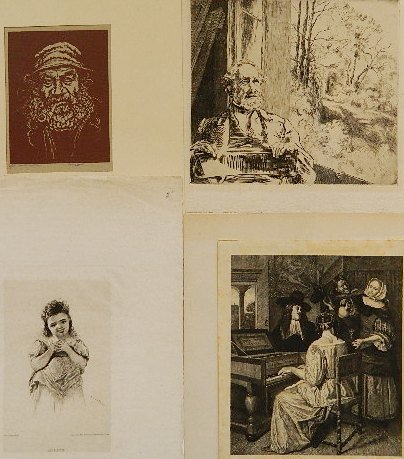 4 European prints: 4 European prints- Eugene Gaujean- Music- etching; Adolphe Lalauze- Une Risette- etching; Percy Smith- The Old Boatman- woodcut; Unknown- Seated Man- etching- various sizes.
