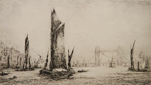 H. P. Evans etching: H. P. Evans- Tower Bridge, London- etching, signed in pencil, slightly light struck, old tape stains on top corners. 7 x 12 1/2'', 11 1/2 x 17 7/8'' (sheet)