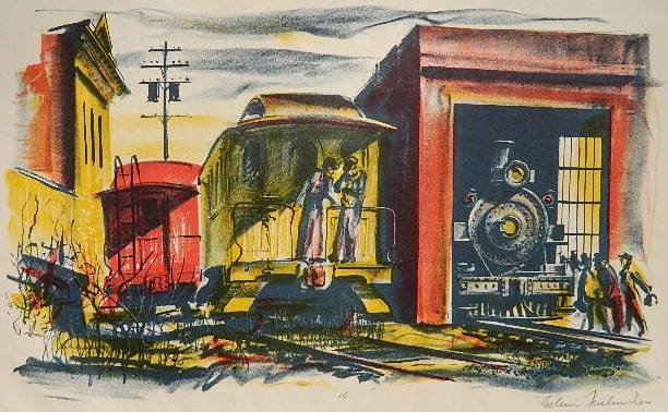 Edwin Fulwider lithograph: Edwin Fulwider- ''Idaho Side Track (#2)'' (McIntyre & Kielsmeier 51)- lithograph in colors, 1949, signed in pencil, edition of 15. 7 13/16 x 13 1/4''