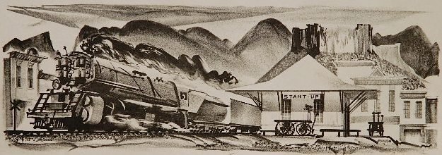 Edwin Fulwider lithograph: Edwin Fulwider- ''Start-Up (#2)'' (McIntyre & Kielsmeier 61)- lithograph, 1949, signed in pencil, edition of 25, very good condition. 5 x 14 1/8''