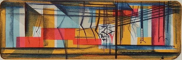 Edwin Fulwider woodblock: Edwin Fulwider- Untitled Abstract (#6) (McIntyre & Kielsmeier 108)- woodblock in colors, ca. 1964, signed in pencil, edition of 25. 11 5/8 x 18''
