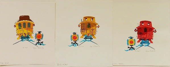 Edwin Fulwider 3 serigraphs: Edwin Fulwider- ''Red Caboose'' (McIntyre & Kielsmeier 159); ''Yellow Caboose'' (M. & K. 160); and ''Yellow Coach'' (M. & K. 161)- 3 serigraphs in colors, 1992, all 3 signed in pencil. approx. 5 1/8 x