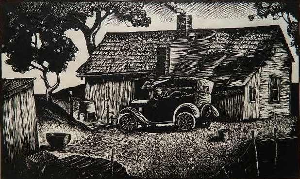 Fred Geary wood engraving: Fred Geary- ''Model T''- wood engraving, signed in pencil. 7 x 11 1/2''