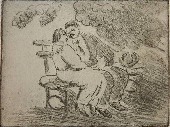 George 'Pop' O. Hart etching: George 'Pop' O. Hart- ''The Old Story''- etching, signed and numbered 4/12 in pencil, mounted to support sheet. 5 3/8 x 7''