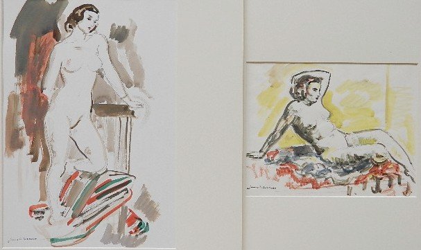 James Drummond Herbert 2 watercolor sketches: James Drummond Herbert- Nude Series Highlights and Nude Series 1282; and The Roman Stripe Pillow- 2 watercolor sketches, both signed 'James D. Herbert', good condition. 8 x 12 1/2''; 14 x 11''