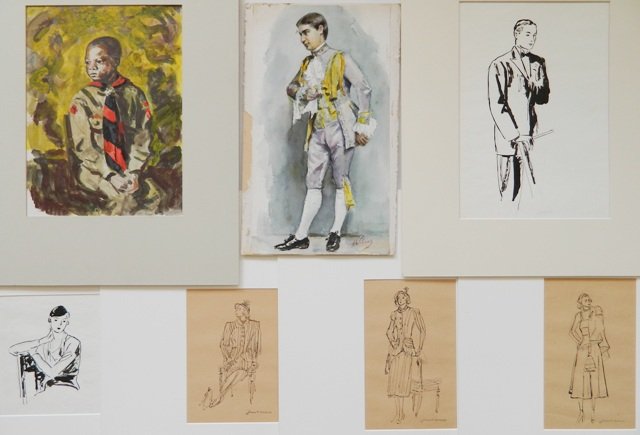 J. D. Herbert; H. Williams - 7 works on paper: James D. Herbert- ''Worn Proudly'' (Portrait of Marvin Washington); Fashion sketches- 1 watercolor and 5 graphite and pen and ink on paper, watercolor and 2 sketches initialed JDH in pencil, 3 sketche