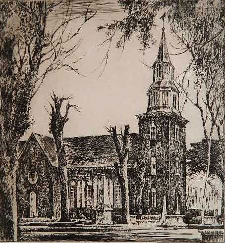 Earl Horter etching: Earl Horter- Old Bruten Church- etching, signed and titled in pencil, abrasion in margins, otherwise good condition. 10 x 9 1/4'', 12 3/4 x 11 1/4'' (sheet)