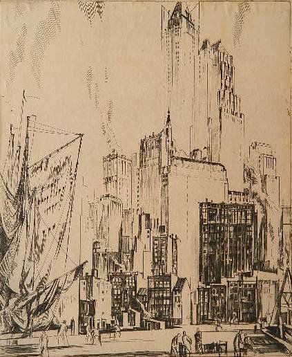 Earl Horter etching: Earl Horter- Cityscape- etching, signed in pencil, sandwiched, light struck and mat burn. 10 3/4 x 8 3/4''