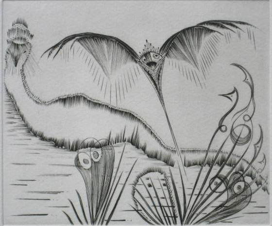 Ian Hugo etching: Ian Hugo- ''Early Marshes'' (AAA/Czestochowski 1979.012.01)- engraving, 1943, signed, titled, dated and numbered in pencil, edition of 50, from 'Ten Engravings' portfolio as published in 1979. 4 7/8 x