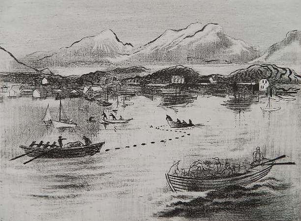 Joe Jones lithograph: Joe Jones- ''Fishing Village'' - lithograph, 1949, signed in pencil, edition of 250, very good condition. 10 x 12 1/2''